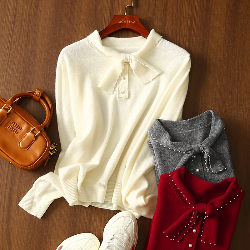 淘么淘 优雅气质 亲肤全羊毛交叉珍珠蝴蝶结领长袖针织衫毛衣女,女装/女士精品,毛针织衫,淘宝优惠券,粉丝福利购,淘宝优惠卷