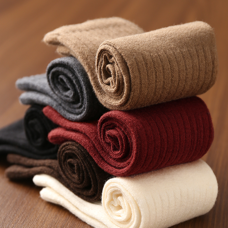 淘么淘 小物也百搭 纯色复古百搭洋气真丝羊毛竖坑条中筒堆堆袜女