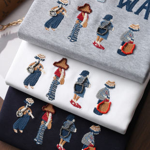 棉T恤上衣新款 重工钉珠字母刺绣简约圆领短袖 甜俏小女孩 淘么淘