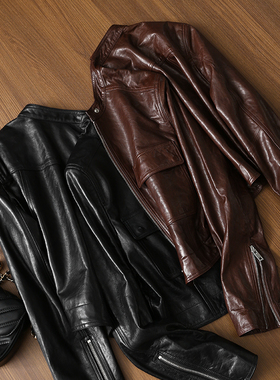 淘么淘 飒美女性power！水洗绵羊皮立领短款机车黑色皮衣外套女秋