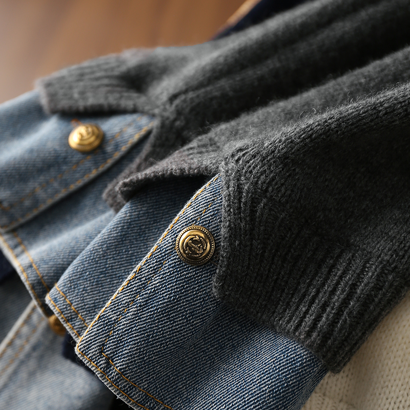 淘么淘 时髦腔调 假两件牛仔拼接翻领羊毛双向拉链针织开衫上衣女