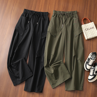 淘么淘 立体裁剪抽绳松紧高腰大口袋宽松阔腿工装 裤 女 酷飒休闲风