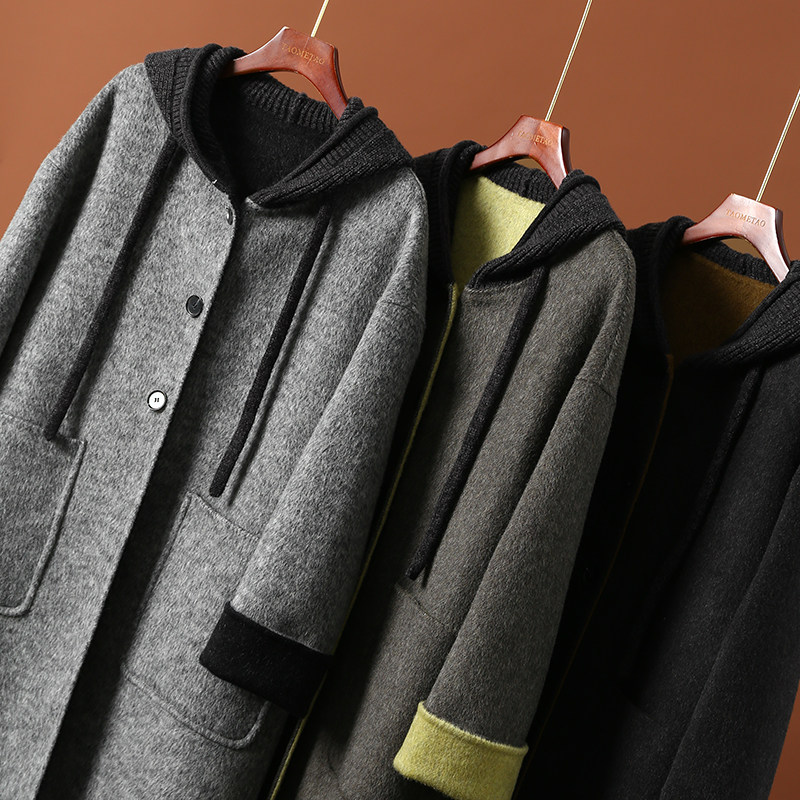 【特】 重磅高定 升级羊毛+天丝宽松针织连帽拼接双面呢大衣女新,女装/女士精品,毛呢外套,淘宝优惠券,粉丝福利购,淘宝优惠卷