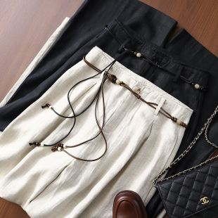 女 淘么淘 亚麻直筒阔腿休闲裤 莱赛尔 编织腰带 老钱风率性松弛感