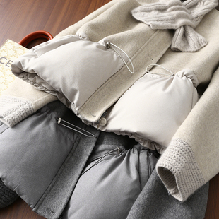 淘么淘 羊毛呢拼接90白鹅绒羽绒服抽绳收腰围巾外套女 时髦聚焦