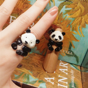 新款可爱panda滚滚大熊猫和花萌兰飞云三件套动物戒指礼物