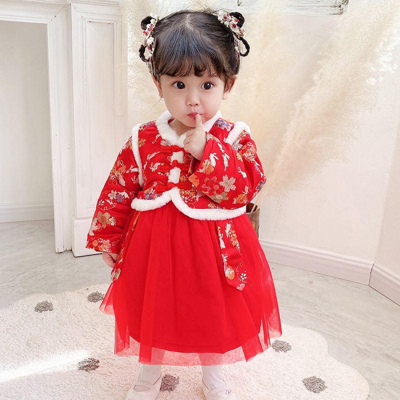 女童红色旗袍秋冬女宝宝加厚唐装连衣裙新年拜年服喜庆中国风汉服