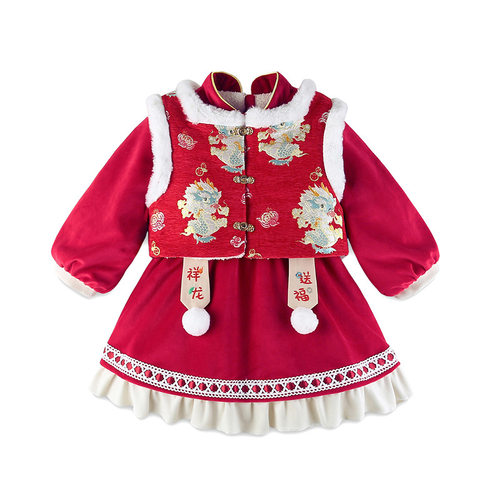 女童中国风拜年服连衣裙套装红色裙子刺绣两件套加厚新年装礼服