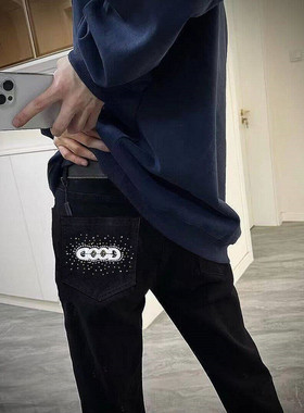 秋冬GOD满天星烫钻镶珠柳钉牛仔裤男女高端潮牌网红同款黑色裤子