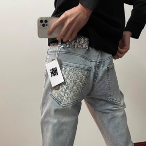 秋季新款刺绣字母牛仔裤男网红同款潮牌百搭修身小脚直筒九分裤子