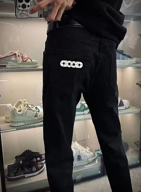 秋冬GOD满天星烫钻镶珠柳钉黑色牛仔裤男欧美端潮牌网红同款裤子