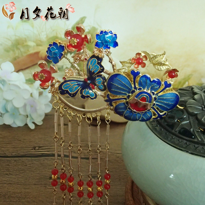 雀灵景泰蓝海棠花汉服配饰莲花古风流苏发钗复古蝴蝶新娘簪子