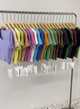 元熙3011夏季新款U领高腰短款短袖T恤女修身显瘦百搭纯色洋气上衣