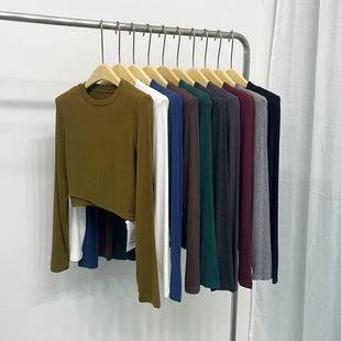 高腰长袖 春秋气质百搭螺纹棉垫肩短款 T恤打底上衣女 熙6075正品 元