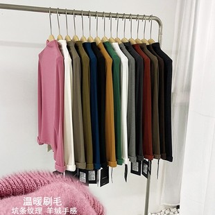 熙689冬季 内搭弹力加绒加厚打底衫 新款 女修身 T恤 半高领坑条长袖 元