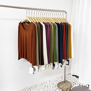 百搭显瘦纯色打底衫 U领T恤女秋冬新款 上衣 熙6022宽松洋气长袖 元