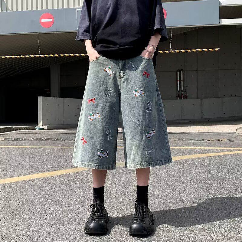 小狗刺绣牛仔短裤男女夏季薄款美式高街七分裤子直筒阔腿情侣马裤