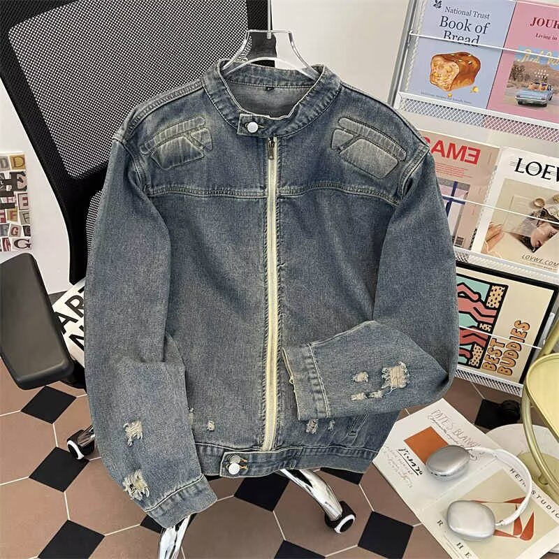 美式垫肩破洞牛仔外套男春秋季痞帅潮牌个性vibe工装拉链做旧夹克