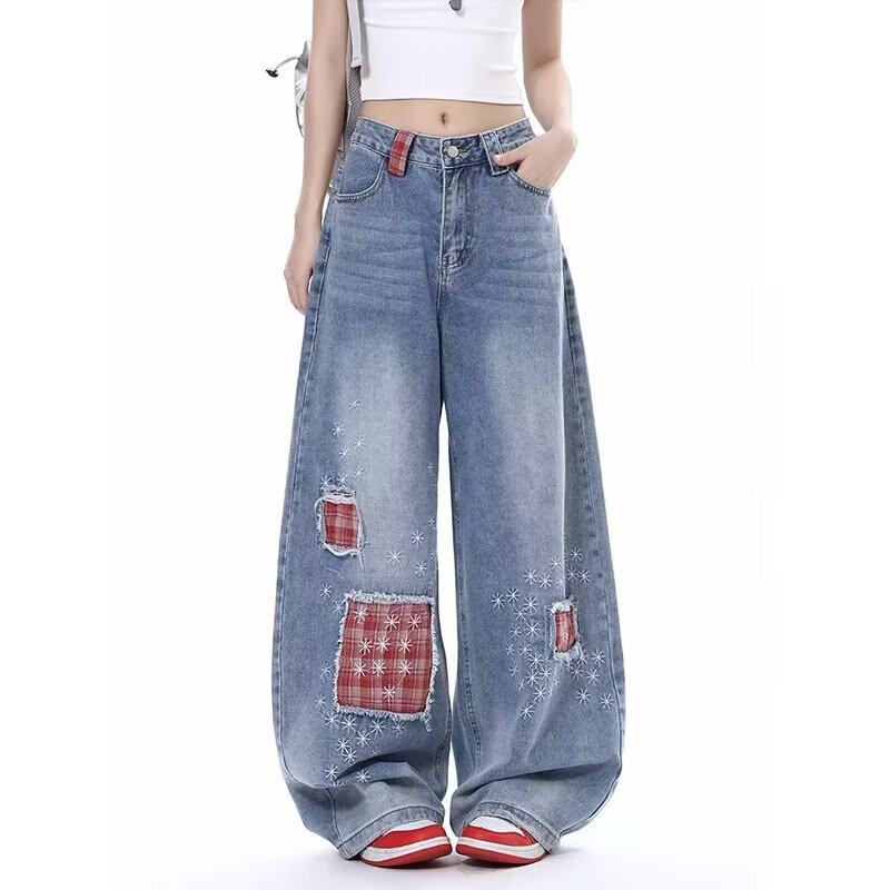 破洞格子拼接牛仔裤男款潮牌宽松直筒阔腿裤美式设计感拖地长裤子,男装,牛仔裤,淘宝优惠券,粉丝福利购,淘宝优惠卷