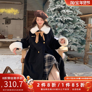 两件八折五季家大码女装胖mm2023年新款冬装毛边蝴蝶结撞色大衣