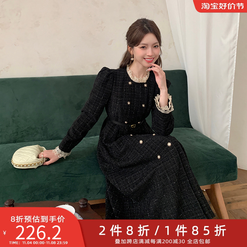 两件八折五季家大码女装连衣裙2023年新款秋装香风蕾丝撞色裙子