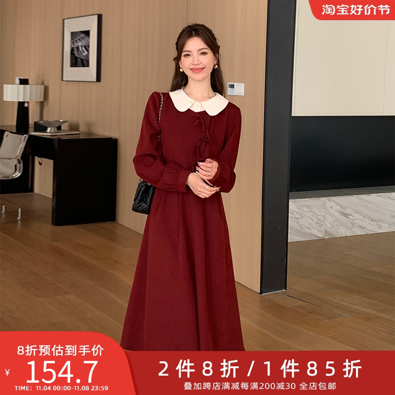 两件八折五季家大码女装连衣裙2023年新款冬装复古撞色翻领裙子