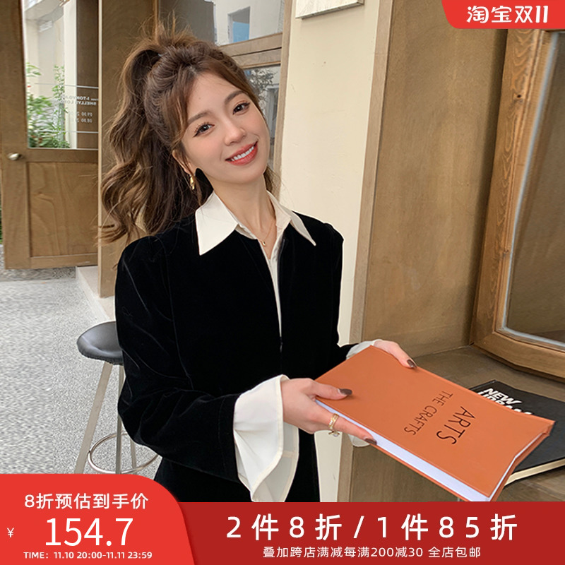 五季家大码女装连衣裙2023年新款气质显瘦冬装撞色翻领别致裙子