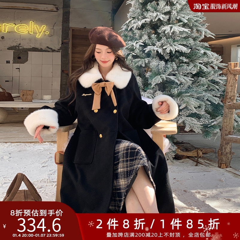 五季家大码女装胖mm2023年新款气质显瘦冬装毛边蝴蝶结撞色大衣