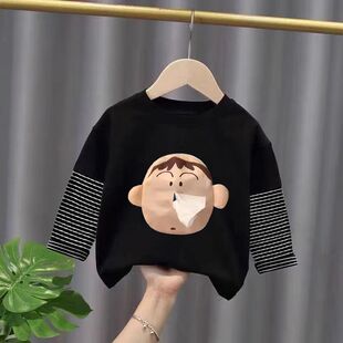 男童阿呆抽纸衣服纯棉长袖T恤春秋儿童假两件搞怪随身带纸上衣潮
