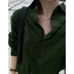 简约百搭上衣叠穿衬衣外套 秋冬女装 韩系复古绿色灯芯绒衬衫 女长袖