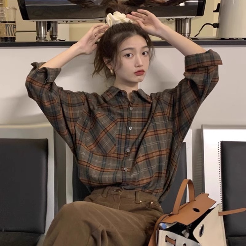 法式复古磨毛格子衬衫女