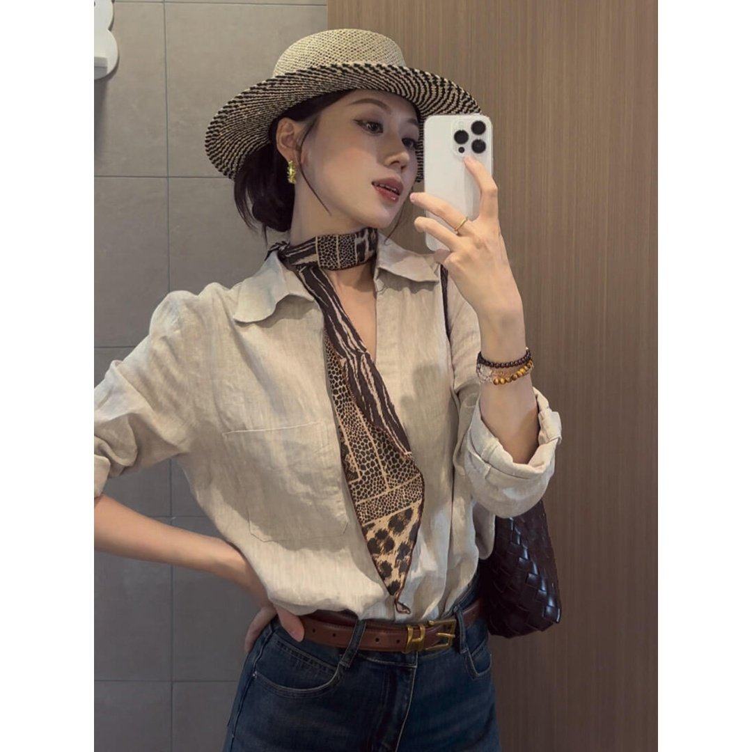 原麻色V领衬衫女长袖春秋季女装时尚轻熟内搭衬衣设计感小众上衣,女装/女士精品,衬衫,淘宝优惠券,粉丝福利购,淘宝优惠卷