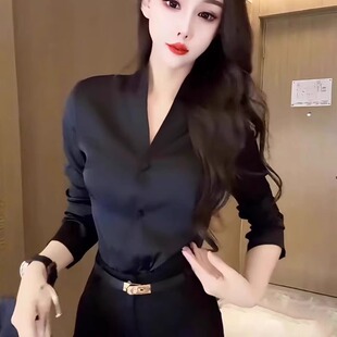 品牌折扣店黑色缎面衬衫女长袖春秋款辣妹V领打底衫上衣