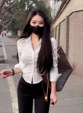 清仓反季品牌折扣店收腰白色衬衫女长袖春秋季短款上衣学院风衬衣