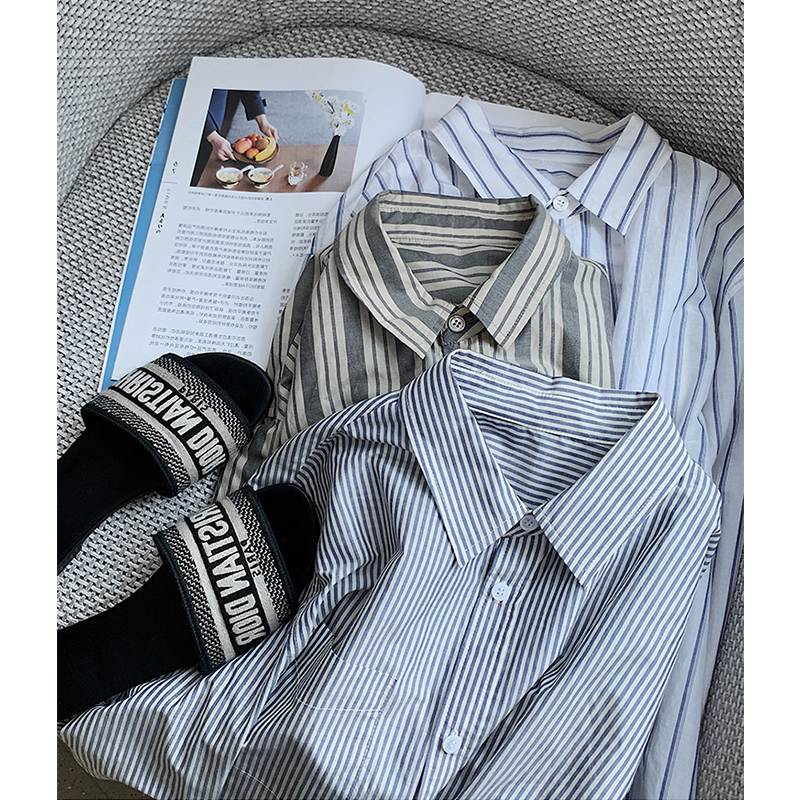 清仓捡漏品牌折扣店专柜女装复古条纹衬衫女韩版bf风叠穿长袖上衣