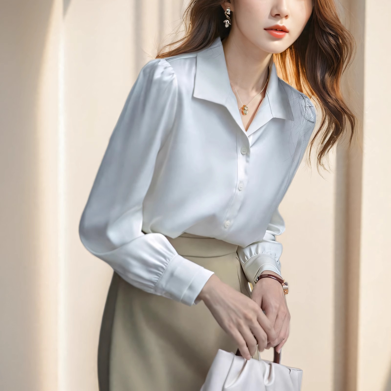 小个子缎面白色衬衫女