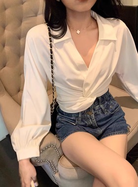 清仓反季捡漏品牌折扣女装白色衬衫女长袖学院风时髦短款绑带衬衣