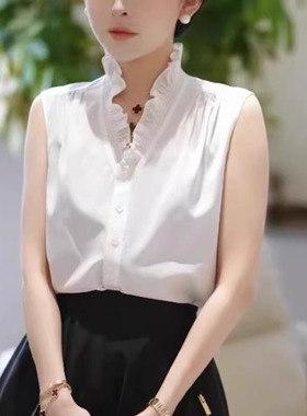 清仓反季品牌折扣店雪纺白色衬衫女夏季减龄V领衬衣打底背心上衣