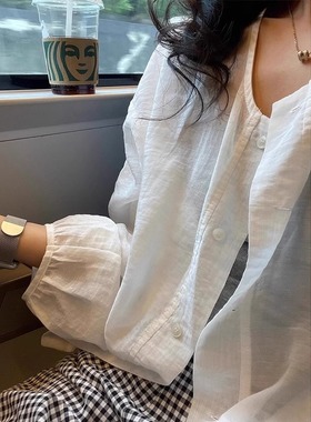 清仓反季秒杀品牌折扣店白色亚麻防晒衬衫女薄款长袖外套夏季衬衣