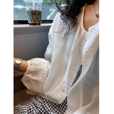 清仓反季秒杀品牌折扣店白色亚麻防晒衬衫女薄款长袖外套夏季衬衣