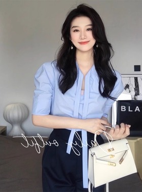 清仓反季捡漏品牌折扣女装通勤蓝色衬衫短袖韩剧女主穿搭洋气上衣