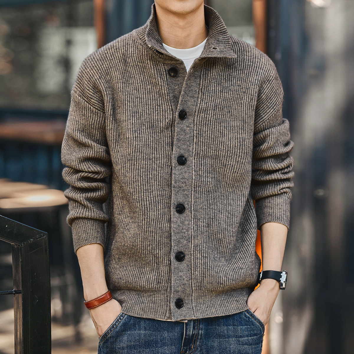 格蓝鹿美式复古开衫毛衣男秋季新款潮牌慵懒风纯色立领针织衫外套