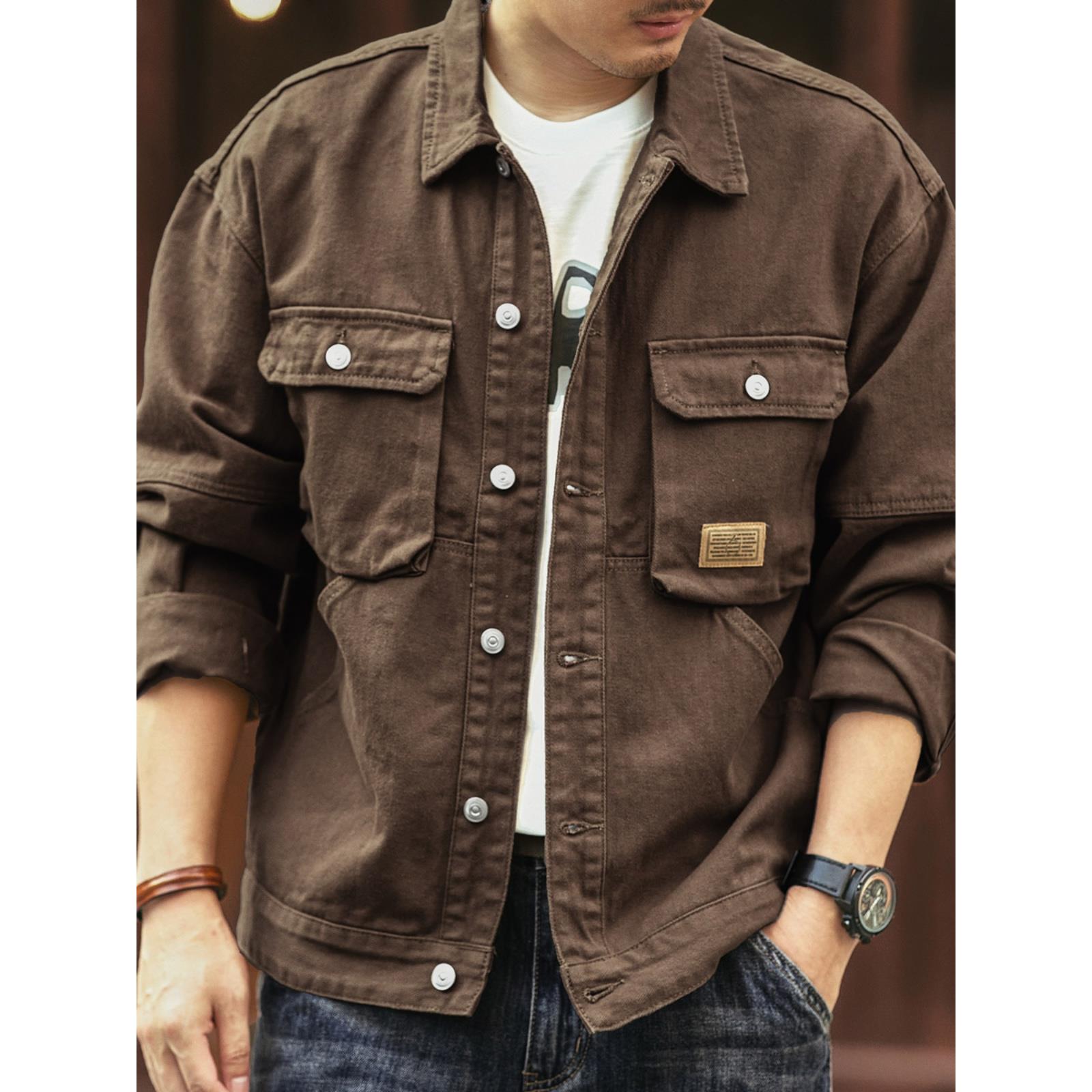 高端美式复古重磅牛仔外套男秋季新款宽松潮牌痞帅纯棉工装夹克男