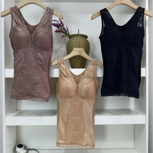 收腹磨毛25新出口日本原单蕾丝边女士保暖塑身背心式上衣打底内衣