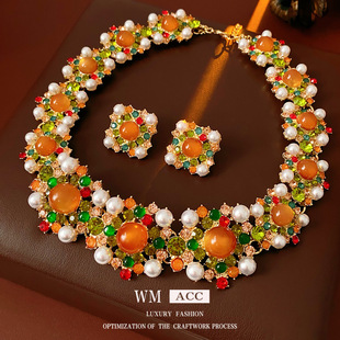 中古vintage镶钻珍珠耳钉项链 轻奢小众高级感套装复古宫廷风