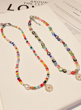 项链彩色琉璃花朵颈链多巴胺安