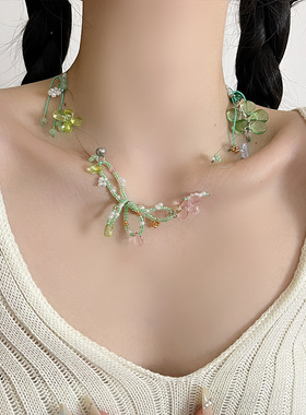小众设计感绿野仙踪花朵项链甜美少女心琉璃水晶蝴蝶结锁骨链颈链