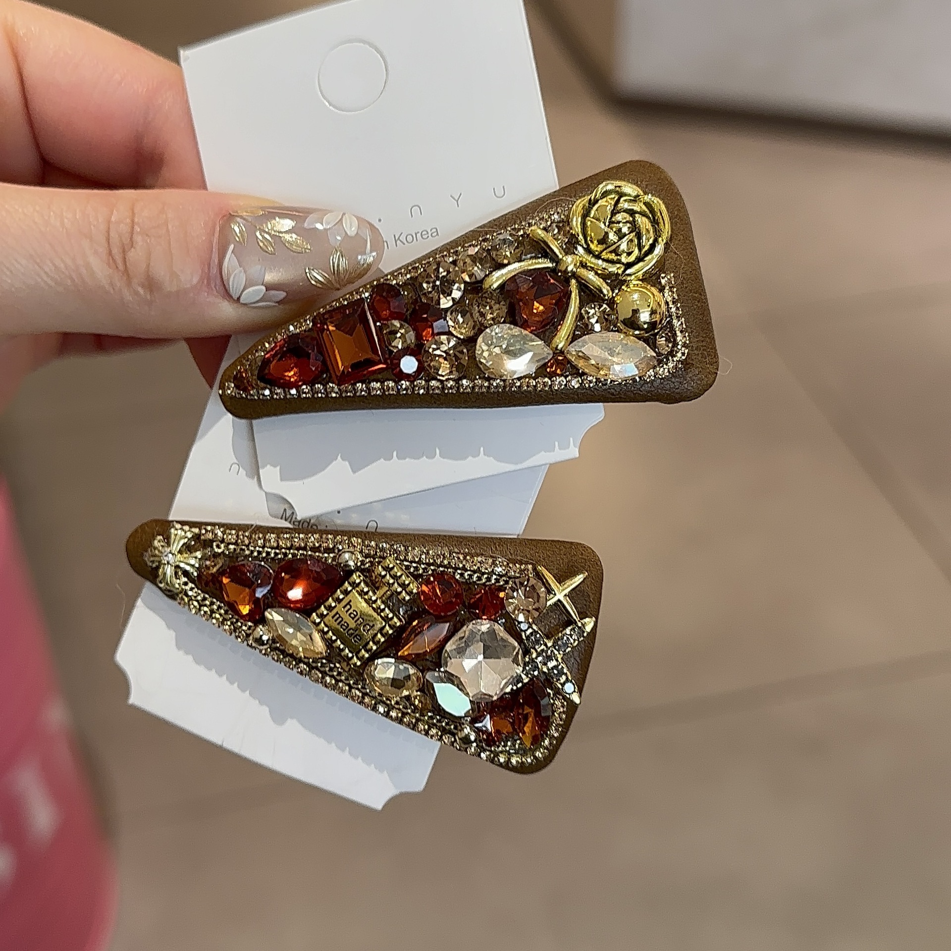 韩国水钻秋冬新品三角发夹PU轻奢侧边刘海发卡后脑勺碎发BB掰掰夹