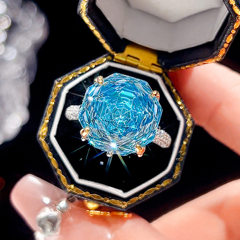 爆闪超美显白海蓝宝蓝色玫红宝石单钻超大夸张戒指八角多切面活口