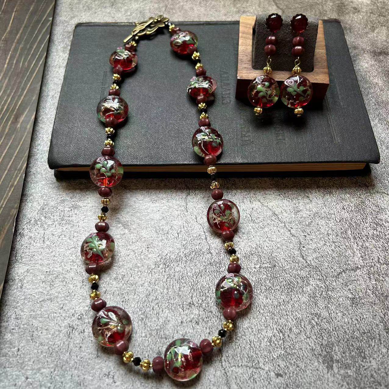 非遗Vintage酒红色玻璃珠项链